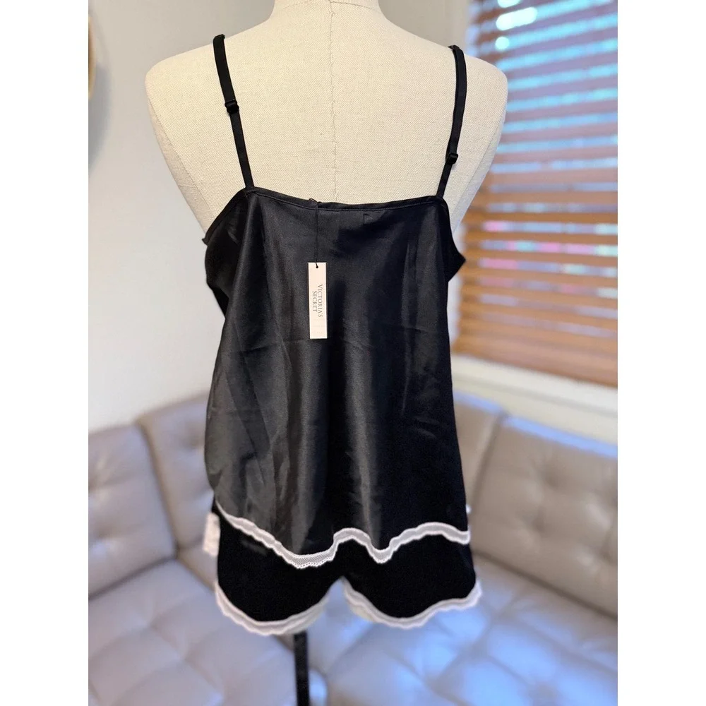Victoria's Secret Satin Lace Cami and Shorts Pajama Set Black Large 11052199